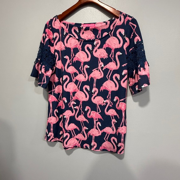 Simply Southern Navy Pink Flamingo Bell Sleeve Top Womens Small preppy costal - Picture 2 of 5
